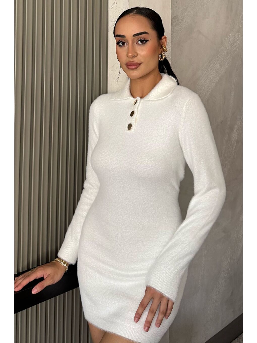 Ekru Kadın Polo Yaka Yumoş İplik Triko Mini Elbise (s-m-l Uyumludur)