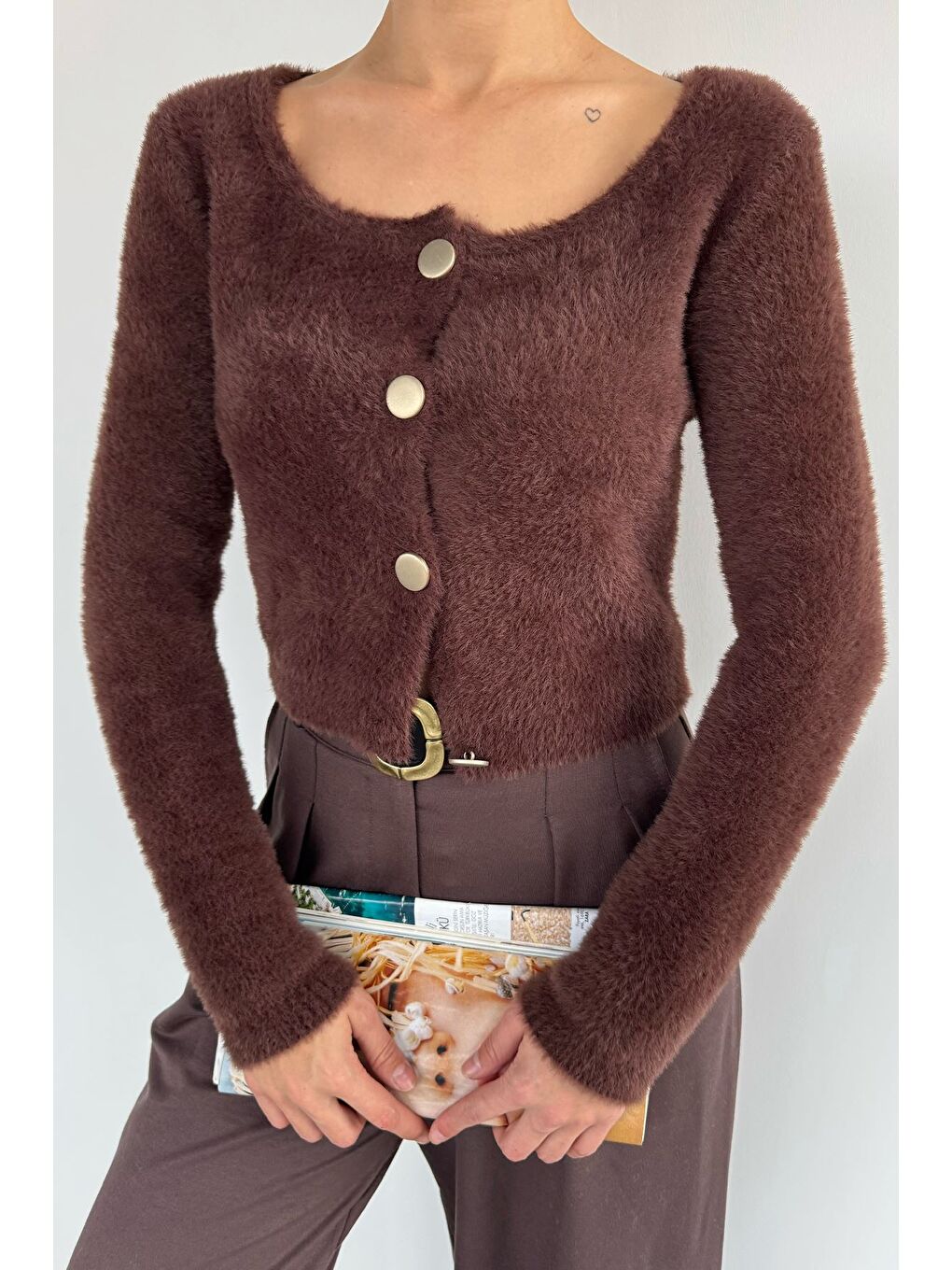 Kahverengi Şardonlu Kadın Crop Top Triko Hırka (s,m,l,xl Uyumludur)