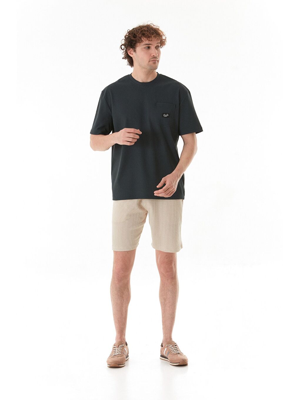 Petrol Basic Bisiklet Yaka Cepli Jakarlı Tişört-1