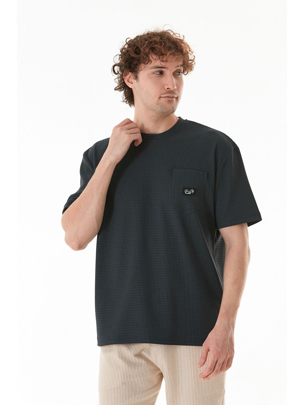 Petrol Basic Bisiklet Yaka Cepli Jakarlı Tişört-2