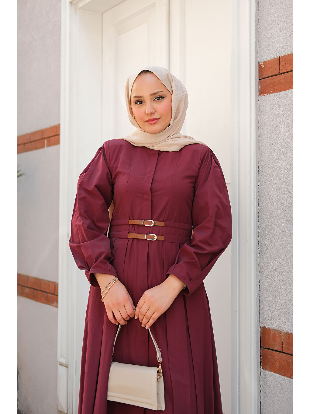 Kadın Çift Kemer Bağlamalı Elbise Bordo-4