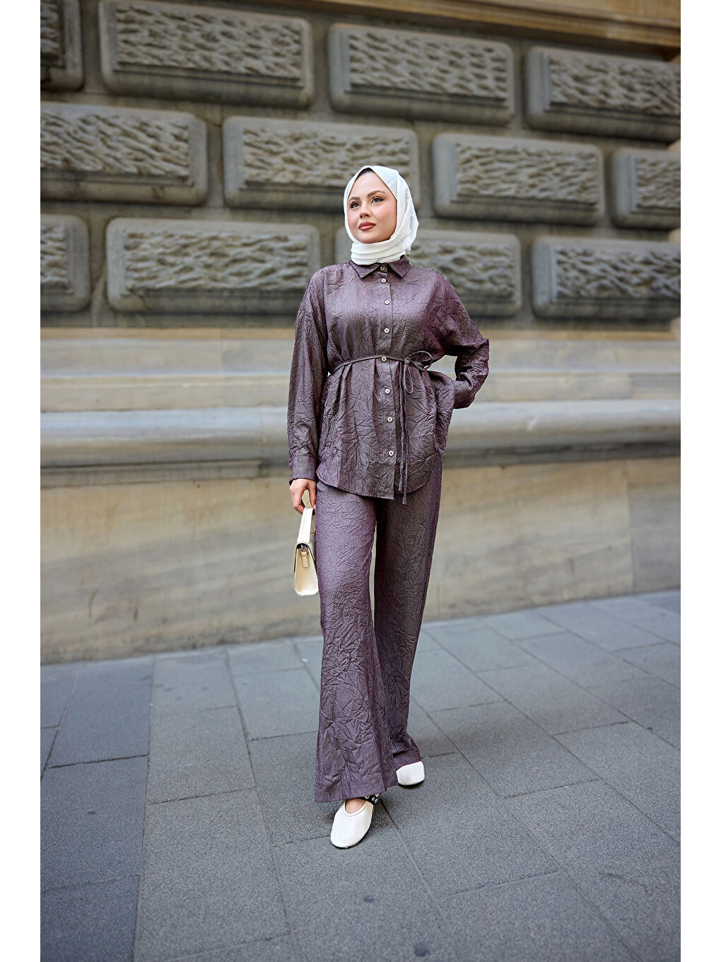 Kadın Kırışık Kumaş Takım Bordo-1