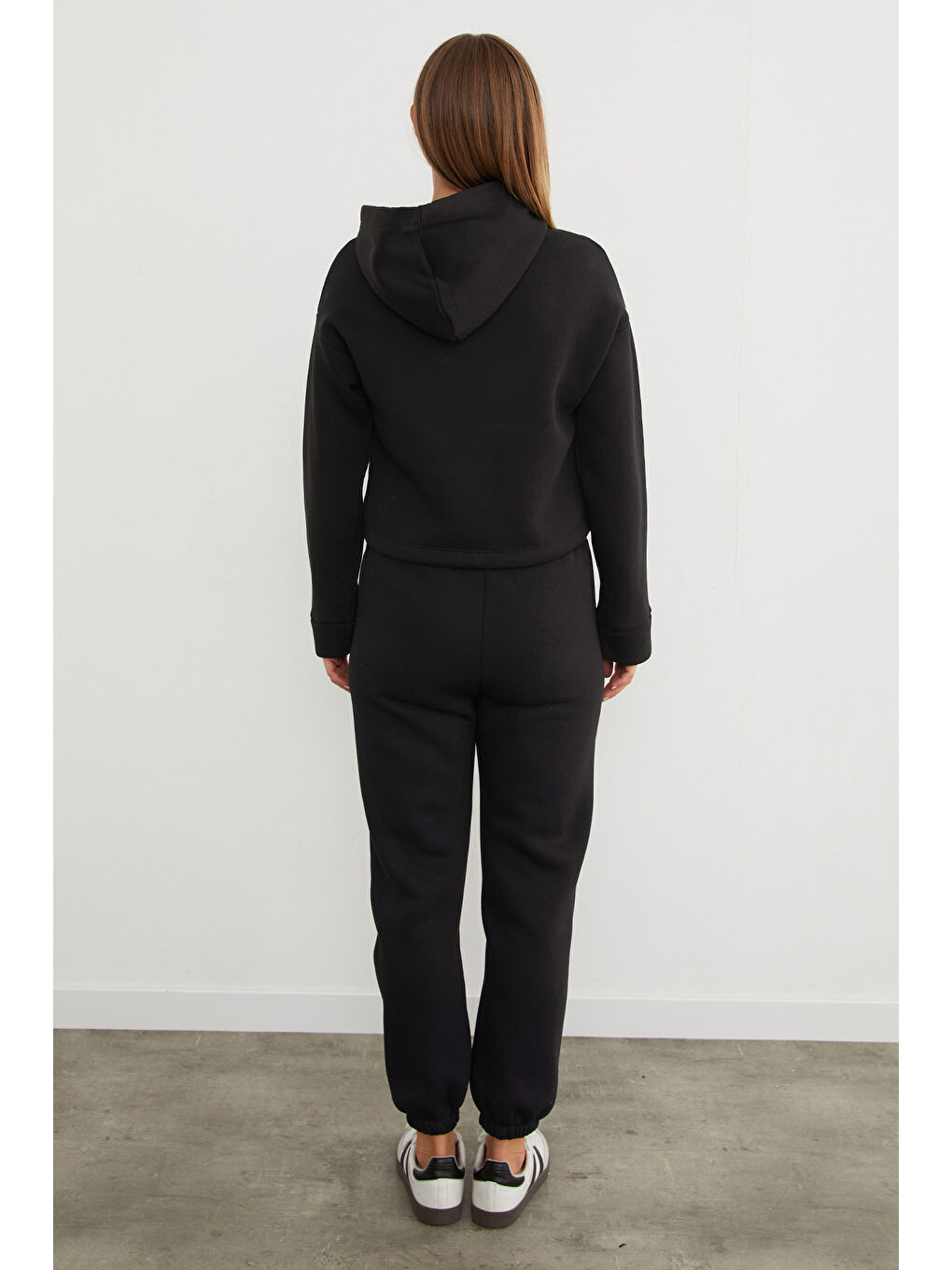 Siyah 3 İplik Basic Beli Stoperli Kapüşonlu Jogger Takım-4