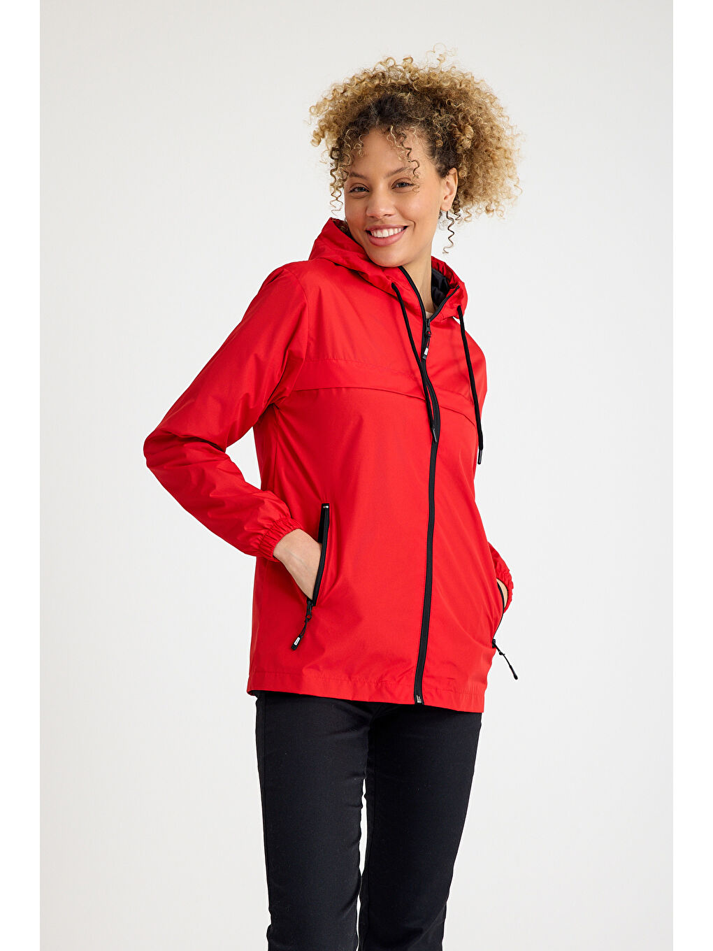 Kırmızı Kadın Içi Astarlı Suya Dayanıklı Kapüşonlu Yağmurluk-4