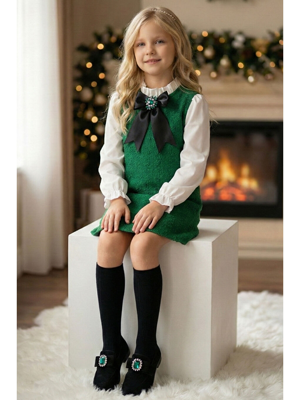 Kız Çocuk Açık Yeşil Vanessa Broş Detaylı Tüvit Uzun Kollu Yılbaşı Elbisesi-2