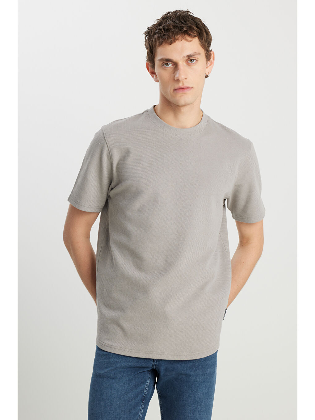 Relaxed Fit Geniş Kesim Bisiklet Yaka Gri Dokulu Basic Tişört