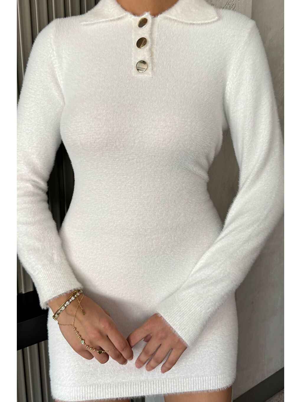 Ekru Kadın Polo Yaka Yumoş İplik Triko Mini Elbise (s-m-l Uyumludur)-1
