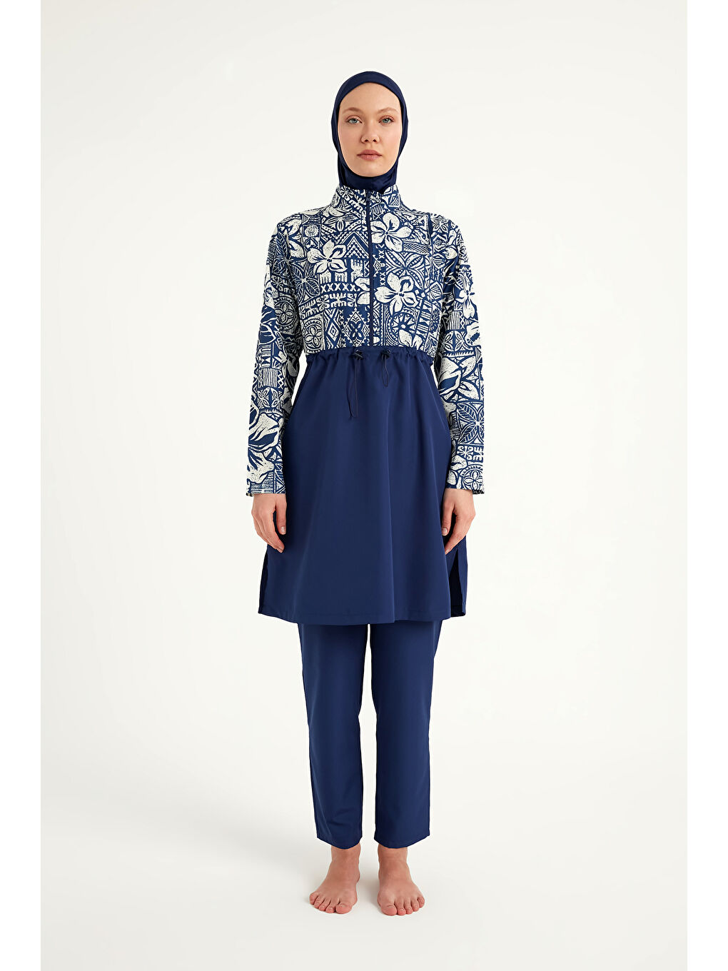 Lacivert Tam Kapalı Tesettür Mayo Plaj Çantalı 4 Parça Set R2504-4