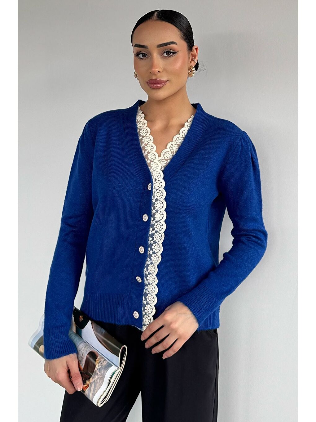 Mavi Kadın Ön Düğmeli Fistolu Triko Hırka (s-m-l-xl Beden Uyumludur.)-2