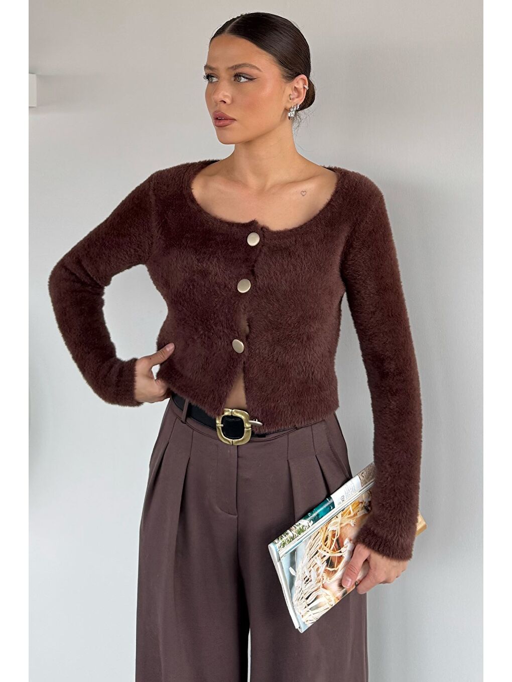 Kahverengi Şardonlu Kadın Crop Top Triko Hırka (s,m,l,xl Uyumludur)-1