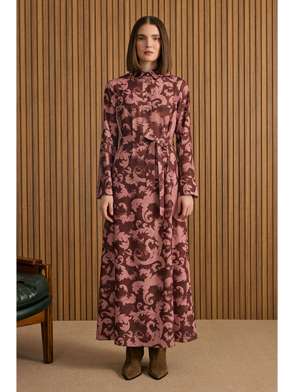 Bordo Desenli Elbise-2