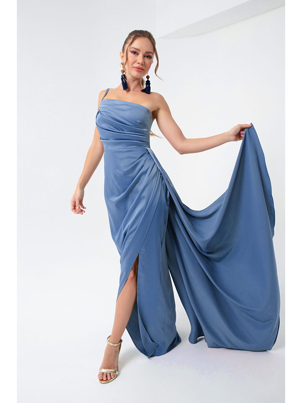 Kadın İndigo Tek Omuzlu Saten Abiye & Mezuniyet Elbisesi-1