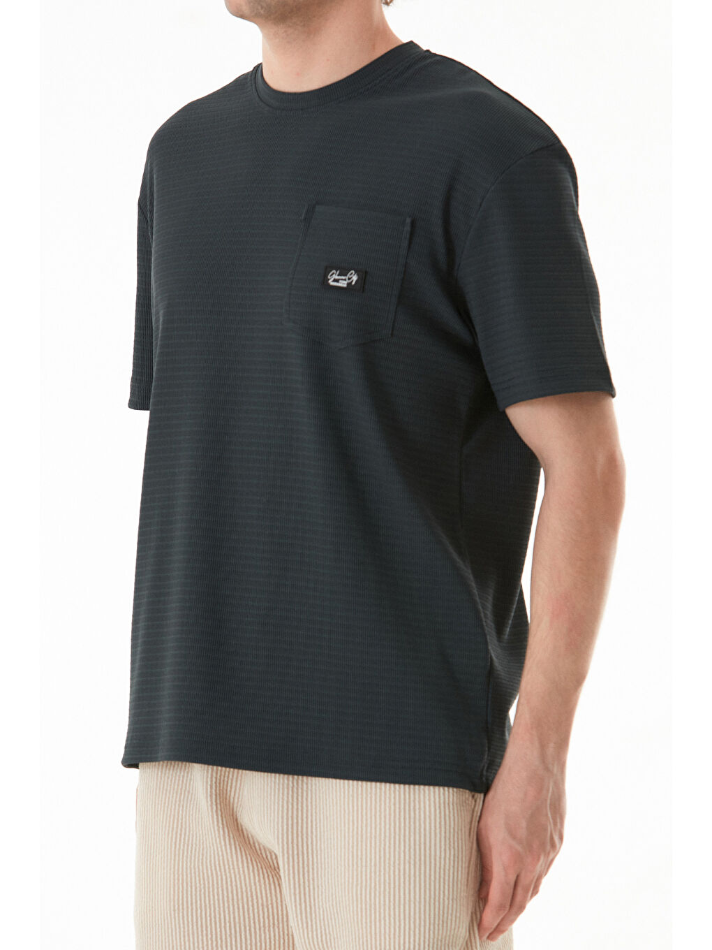 Petrol Basic Bisiklet Yaka Cepli Jakarlı Tişört-4