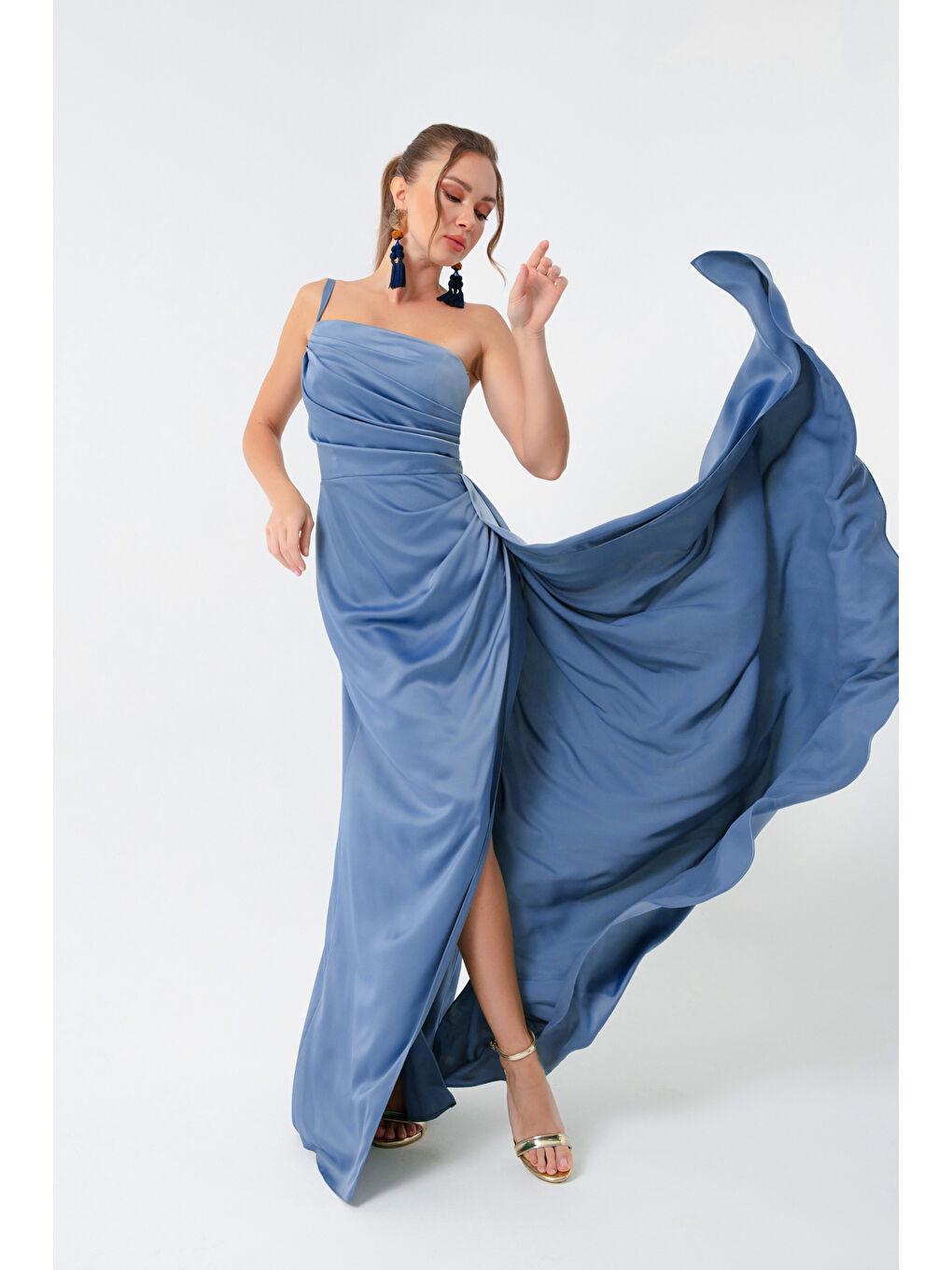 Kadın İndigo Tek Omuzlu Saten Abiye & Mezuniyet Elbisesi-2
