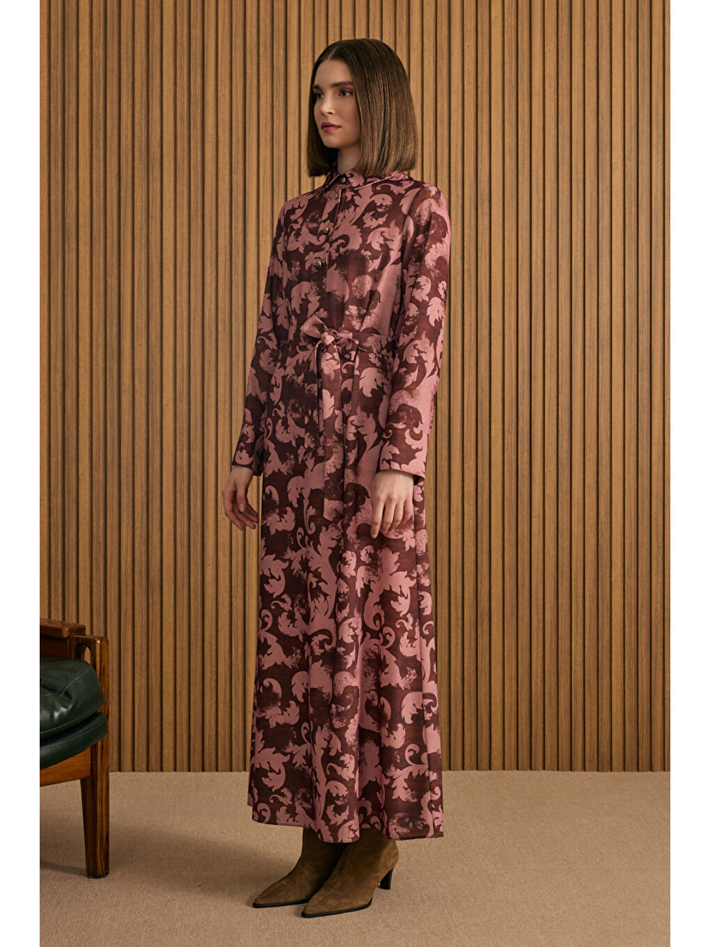 Bordo Desenli Elbise-3