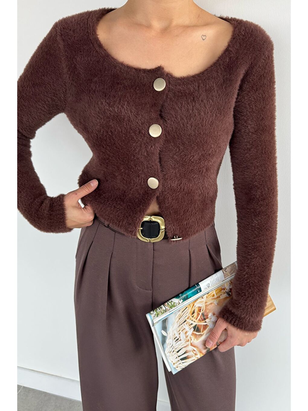 Kahverengi Şardonlu Kadın Crop Top Triko Hırka (s,m,l,xl Uyumludur)-2