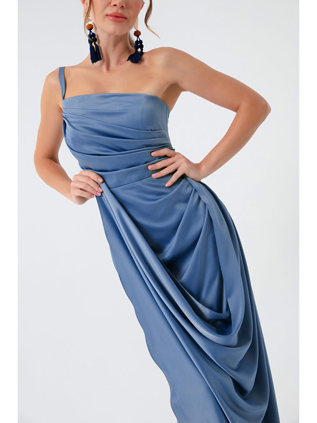 Kadın İndigo Tek Omuzlu Saten Abiye & Mezuniyet Elbisesi-3