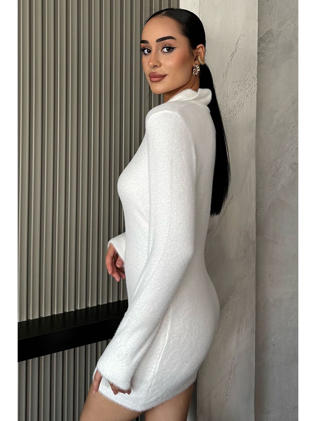 Ekru Kadın Polo Yaka Yumoş İplik Triko Mini Elbise (s-m-l Uyumludur)-2