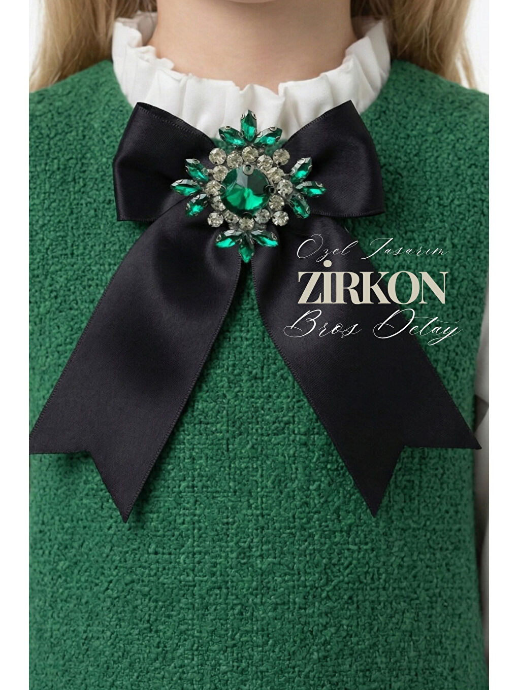 Kız Çocuk Açık Yeşil Vanessa Broş Detaylı Tüvit Uzun Kollu Yılbaşı Elbisesi-4