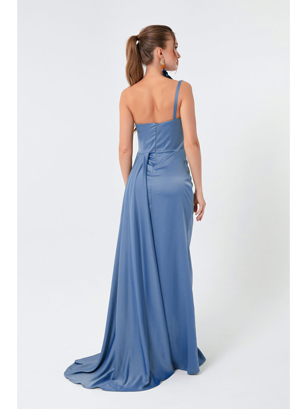 Kadın İndigo Tek Omuzlu Saten Abiye & Mezuniyet Elbisesi-4