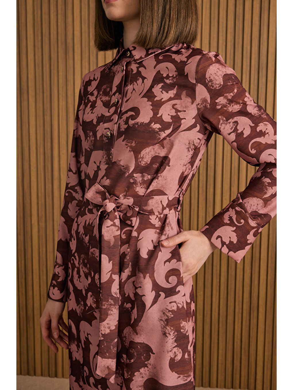 Bordo Desenli Elbise-4