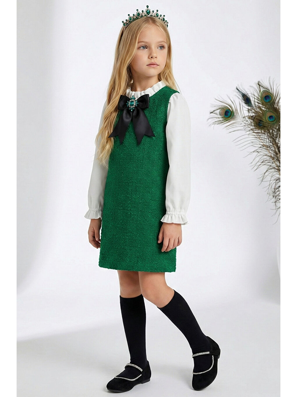 Kız Çocuk Açık Yeşil Vanessa Broş Detaylı Tüvit Uzun Kollu Yılbaşı Elbisesi-5