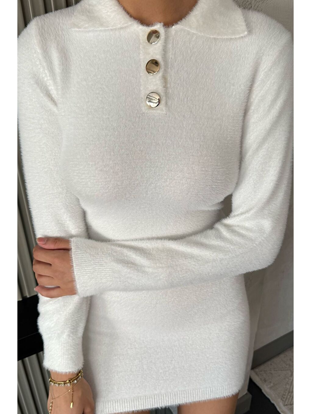 Ekru Kadın Polo Yaka Yumoş İplik Triko Mini Elbise (s-m-l Uyumludur)-3