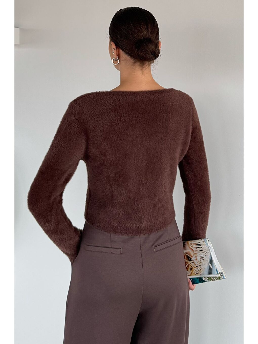 Kahverengi Şardonlu Kadın Crop Top Triko Hırka (s,m,l,xl Uyumludur)-3