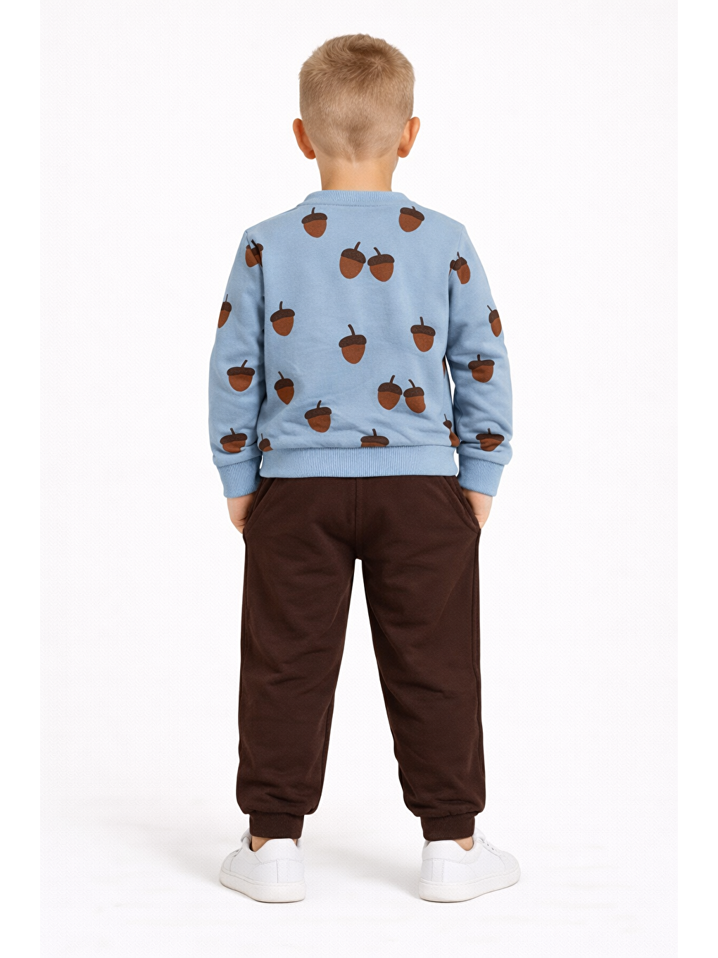 Bisiklet Yaka Meşe Palamudu Baskılı Mavi - Kahve Renk Erkek Çocuk Eşofman Takımı-2