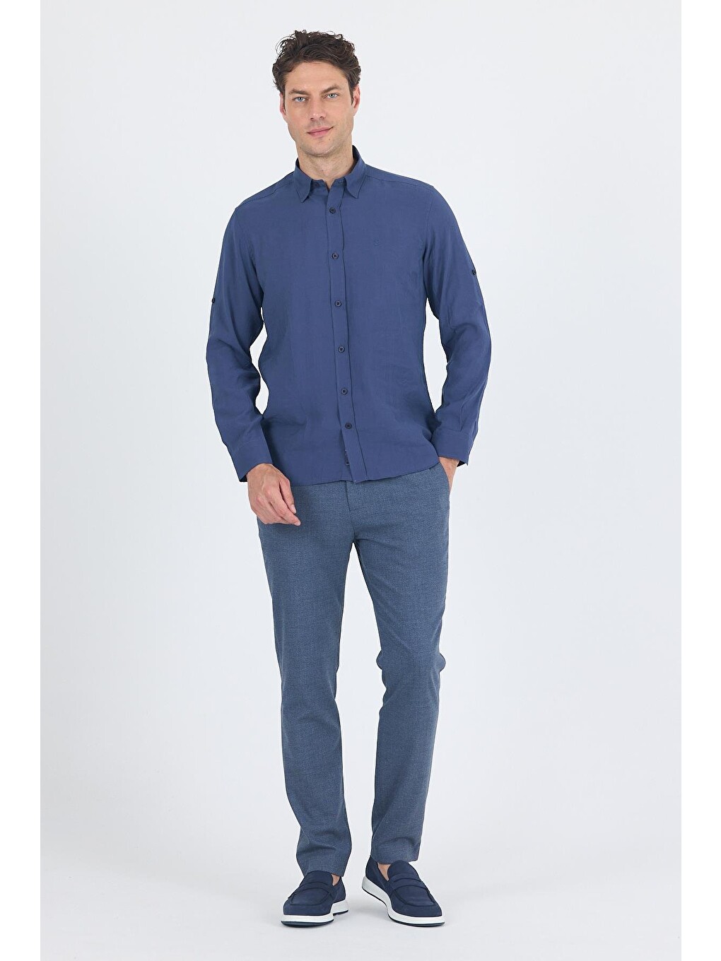 İndigo Mavi Kısalabilir Kol Smart Biritli Yaka Cepsiz Slim Fit Gömlek 1004250224-1