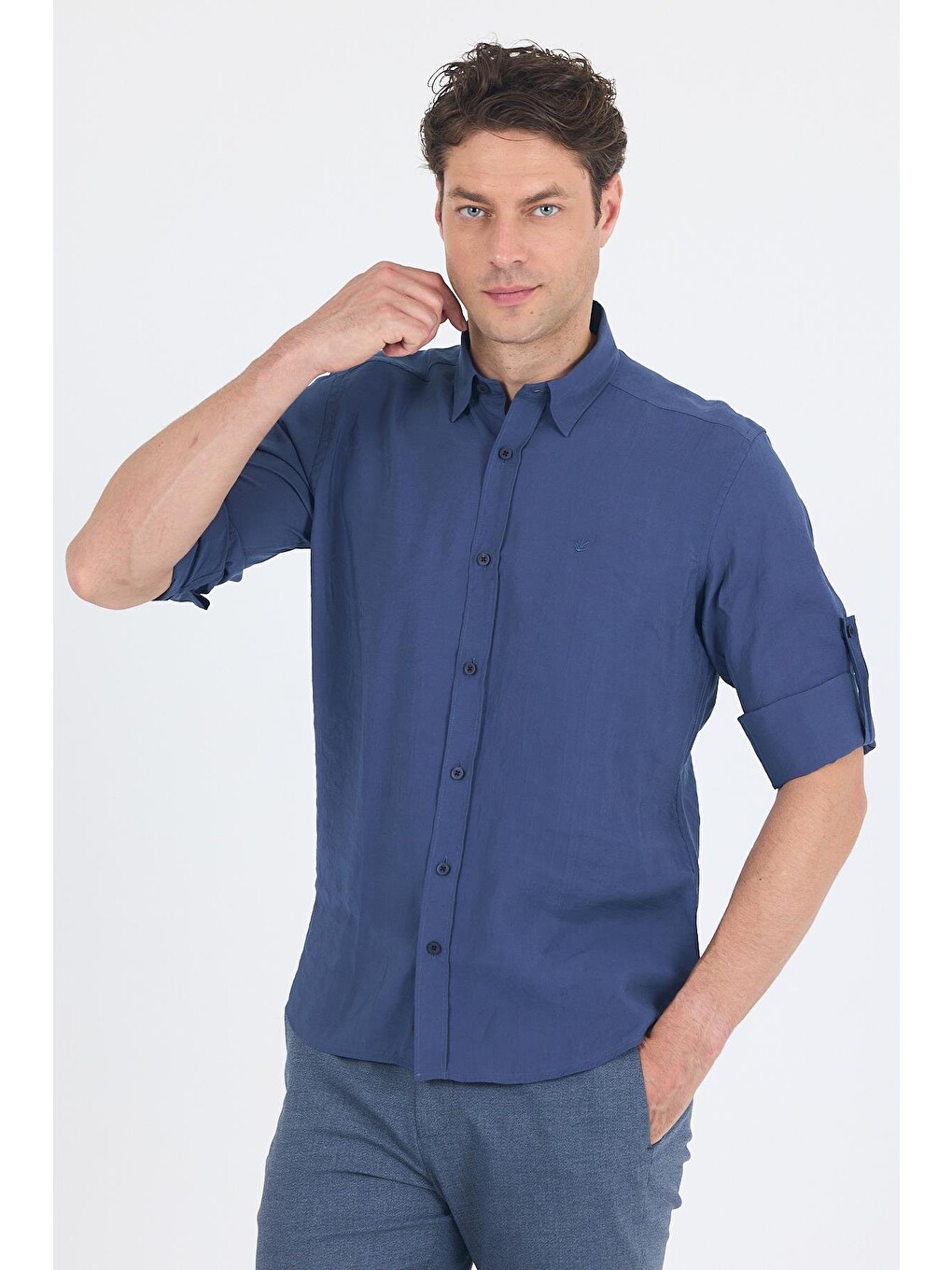 İndigo Mavi Kısalabilir Kol Smart Biritli Yaka Cepsiz Slim Fit Gömlek 1004250224-2