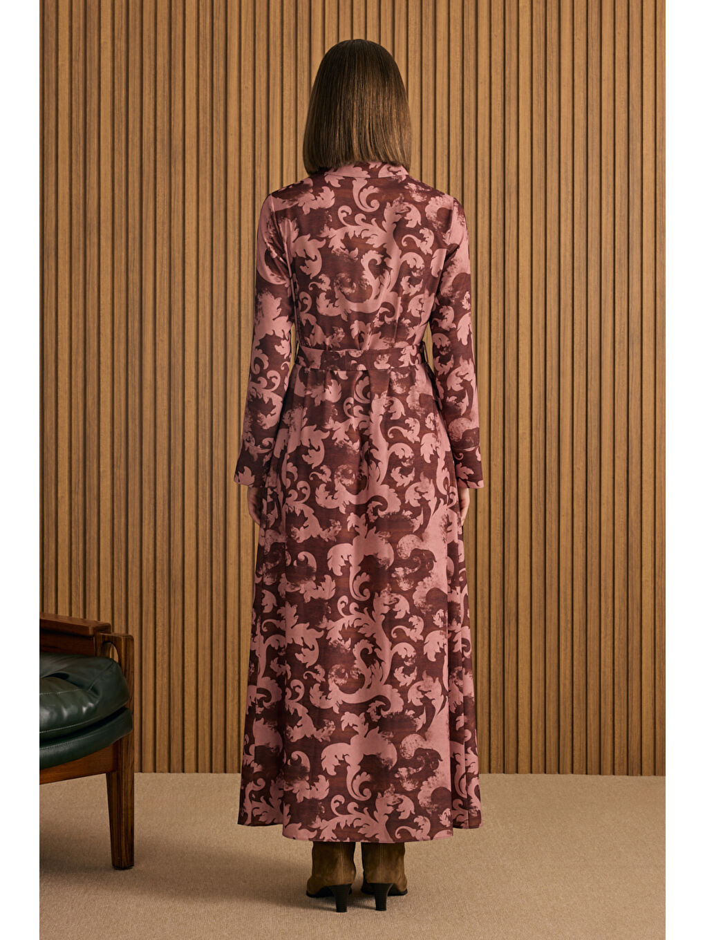 Bordo Desenli Elbise-5