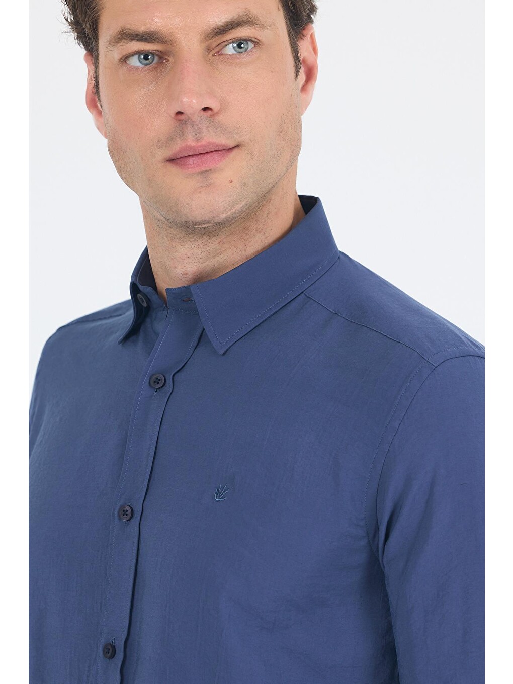 İndigo Mavi Kısalabilir Kol Smart Biritli Yaka Cepsiz Slim Fit Gömlek 1004250224-3
