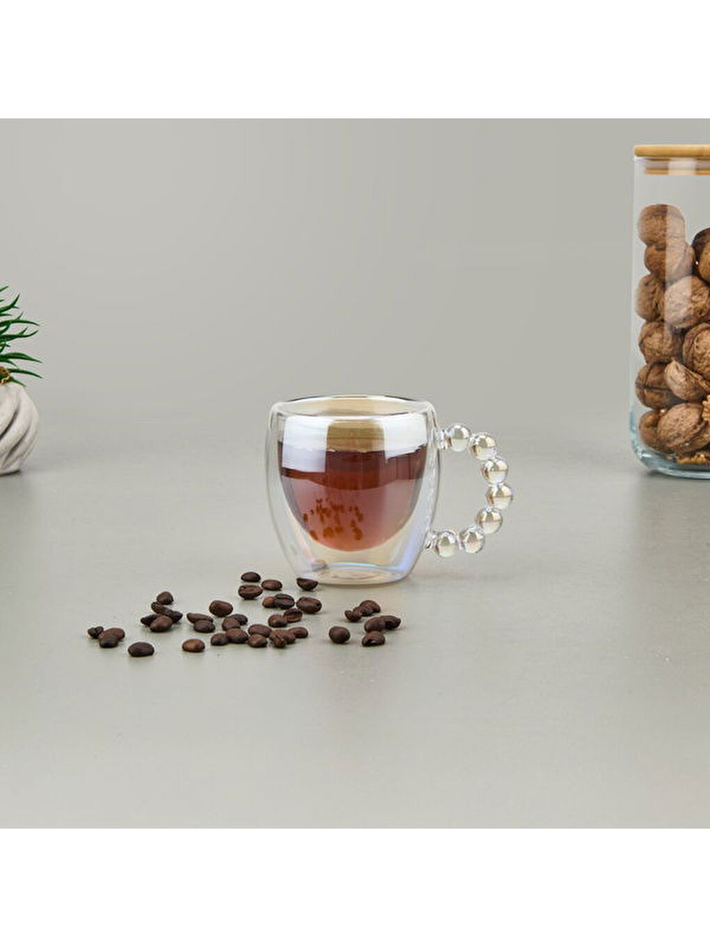 Renksiz Çift Cidarlı Boncuk Kulplu Bardak - Şeffaf - 250 ml