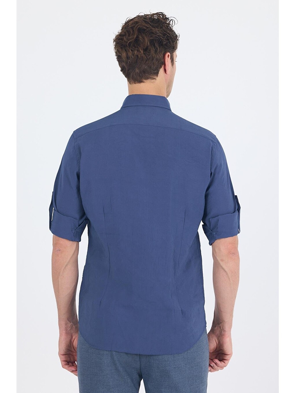 İndigo Mavi Kısalabilir Kol Smart Biritli Yaka Cepsiz Slim Fit Gömlek 1004250224-4