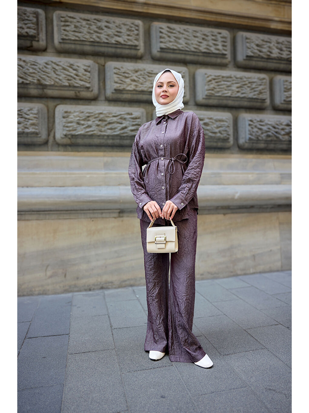 Kadın Kırışık Kumaş Takım Bordo-2