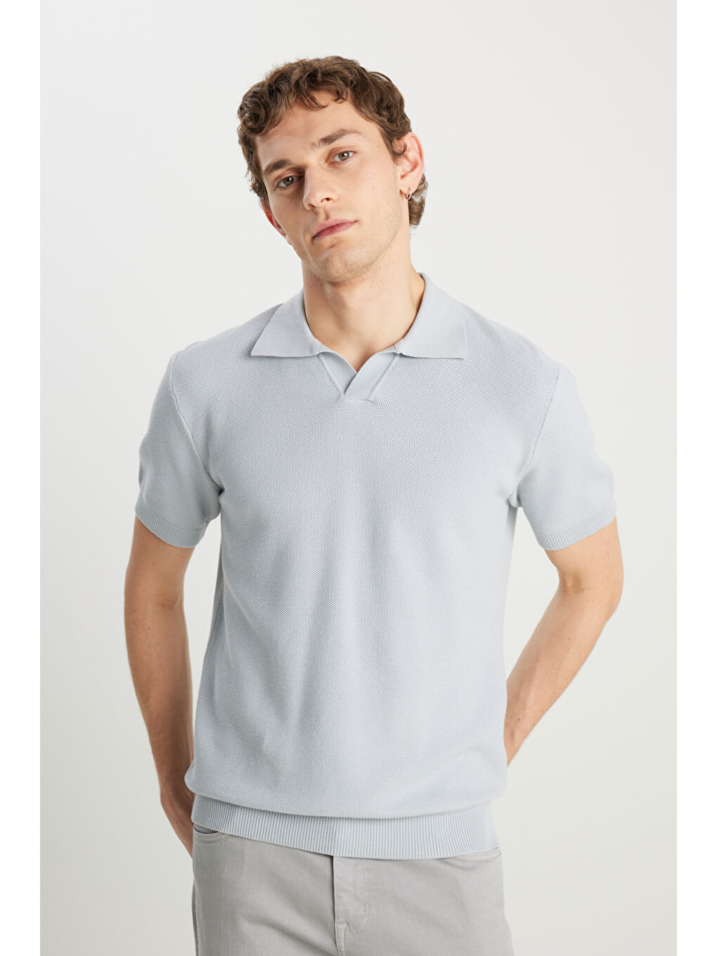 Relaxed Fit Geniş Kesim Açık Gri Polo Yaka Tişört-1