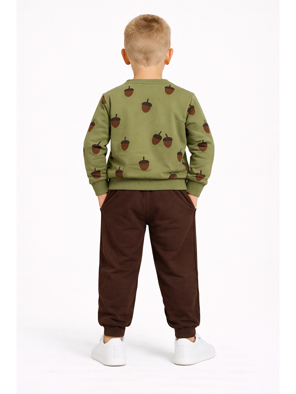 Bisiklet Yaka Meşe Palamudu Baskılı Haki - Kahve Renk Erkek Çocuk Eşofman Takımı-2