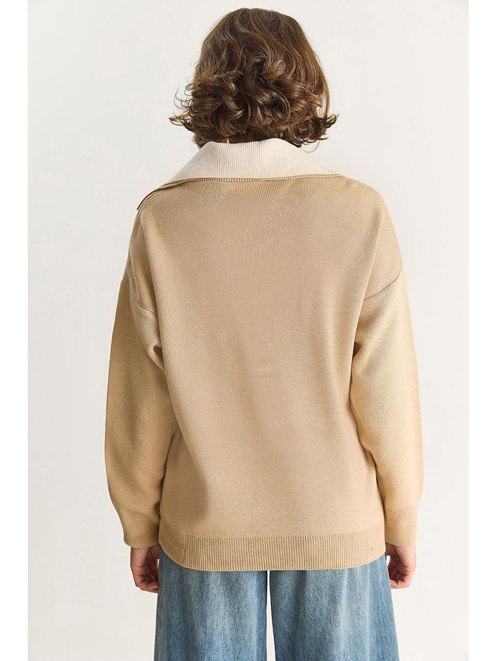 Bej Kadın Derin V Yaka Renk Bloklu Oversize Triko Kazak TK-5