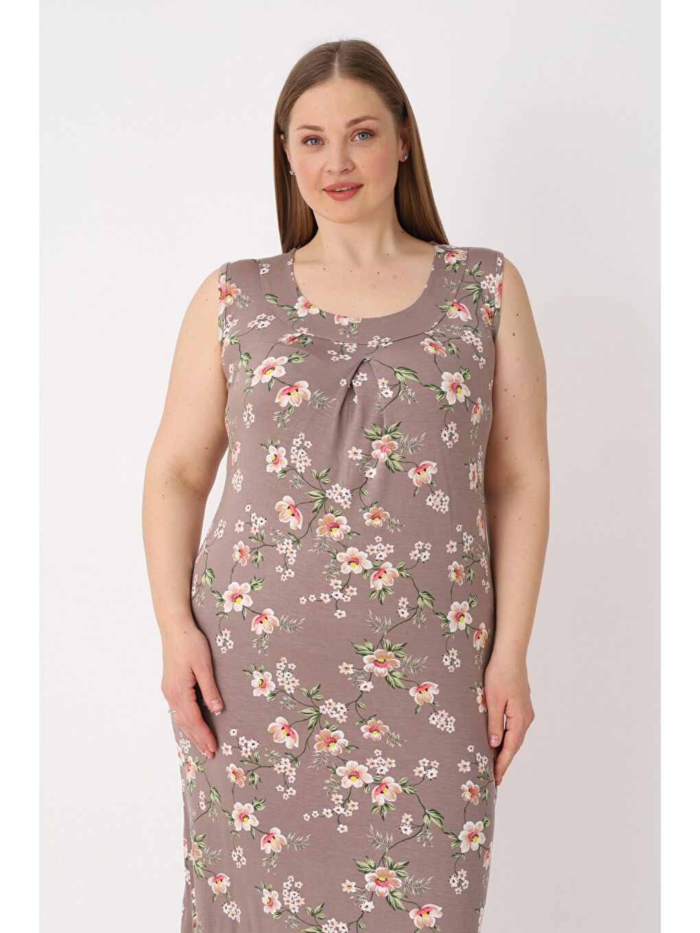 Kahverengi Çiçek Desenli Esnek Anvelop Kadın Büyük Beden Askılı Gecelik-2