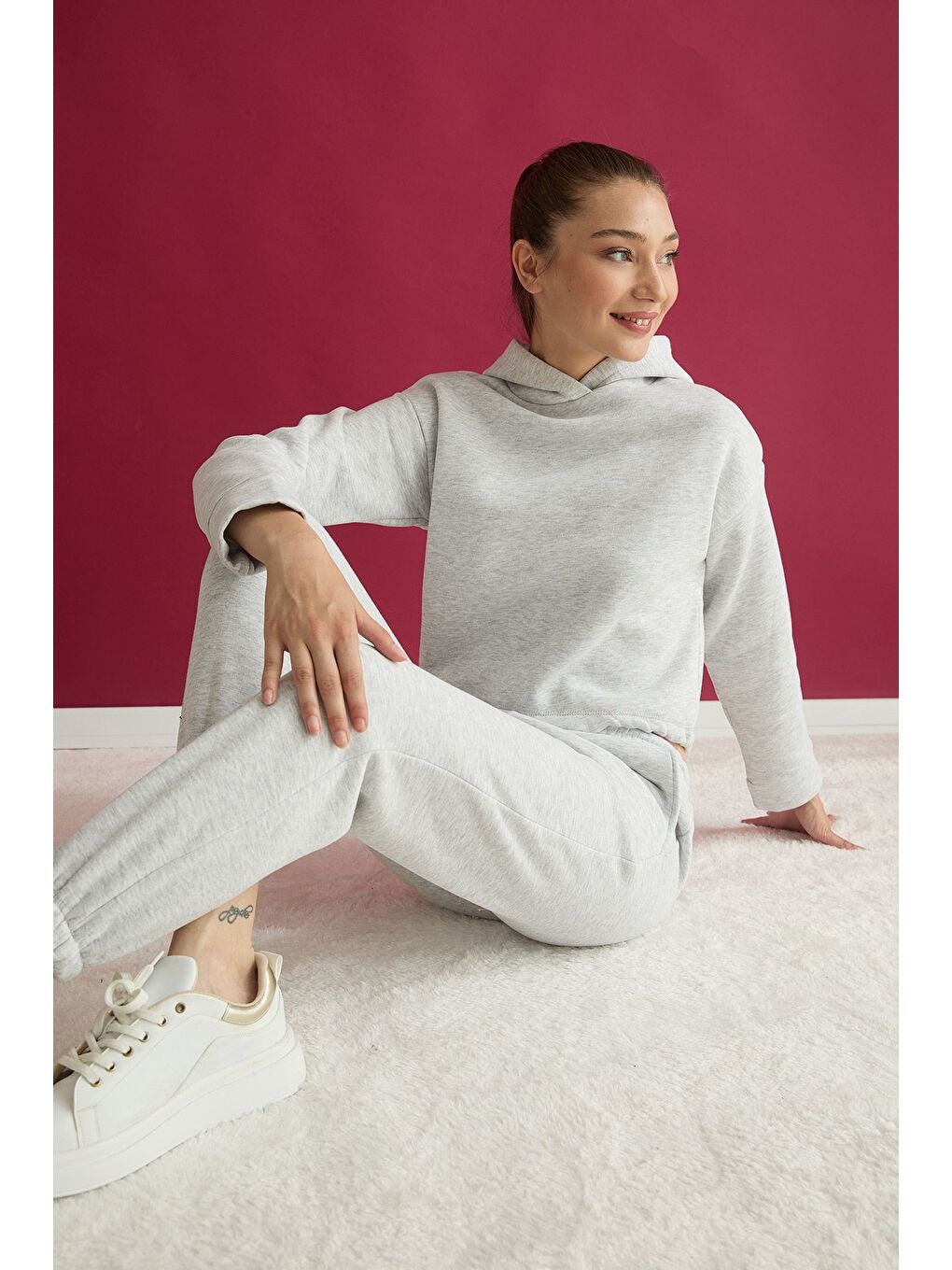 Gri 3 İplik Basic Beli Stoperli Kapüşonlu Jogger Takım