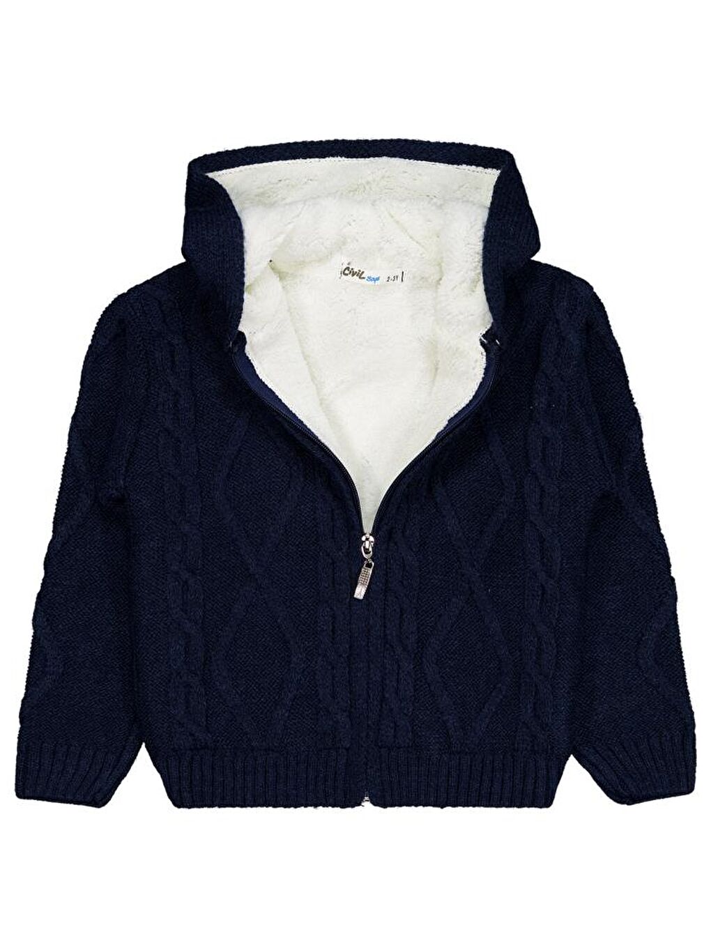Boys Saç Örgülü İçi Polarlı Kapüşonlu 2-5 Yaş Hırka - Lacivert 2-3 Yaş