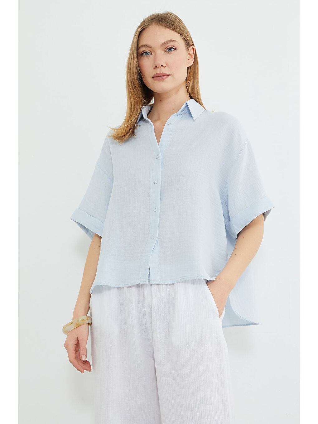 Mavi Basic Kolu Katlı Müslin Kumaş Salaş Gömlek-1