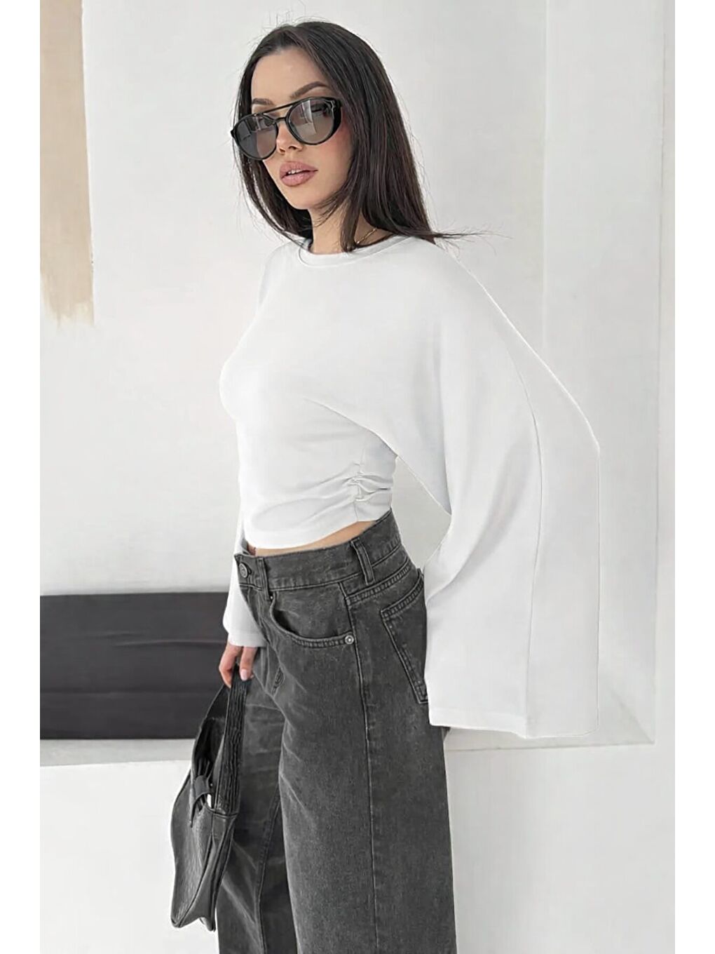 Geniş Kol Crop Bluz Beyaz