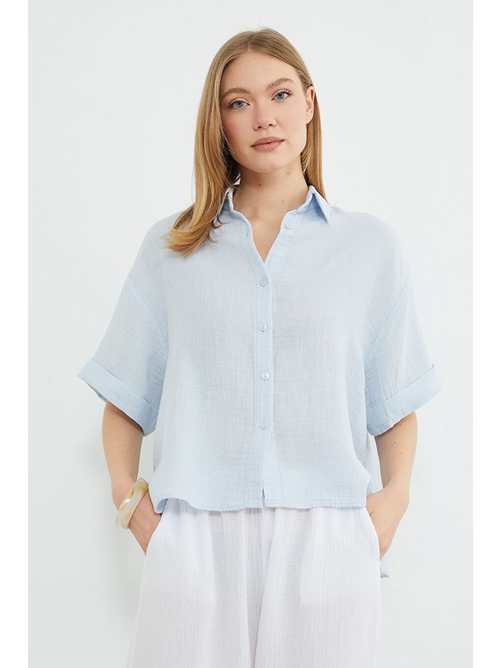 Mavi Basic Kolu Katlı Müslin Kumaş Salaş Gömlek-2