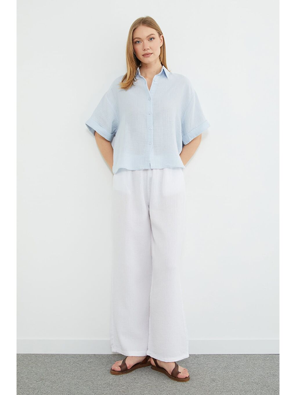 Mavi Basic Kolu Katlı Müslin Kumaş Salaş Gömlek-4