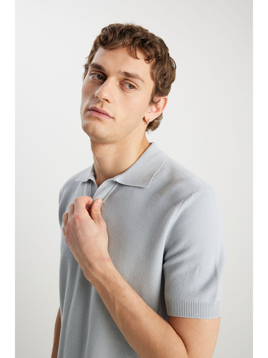 Relaxed Fit Geniş Kesim Açık Gri Polo Yaka Tişört-3