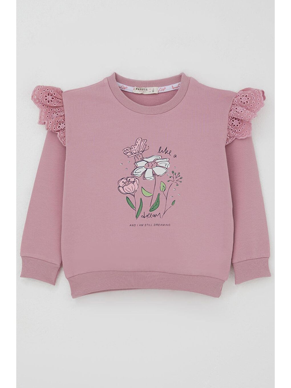 Pembe Kız Çocuk Sweatshirt Omuzları Çiçek Nakış Detaylı Çiçek Baskılı Gülkurusu (2-6 Yaş)