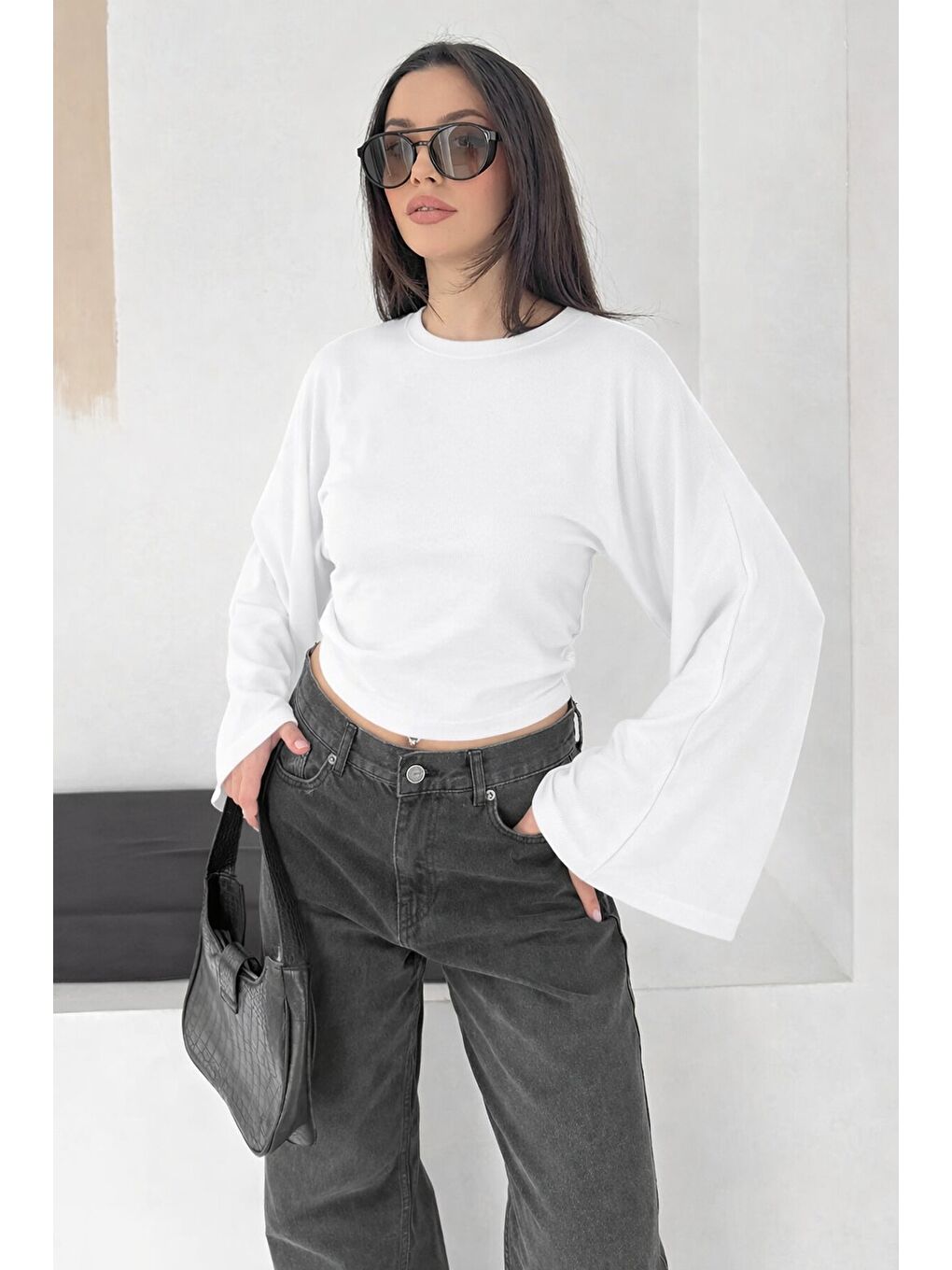 Geniş Kol Crop Bluz Beyaz-1