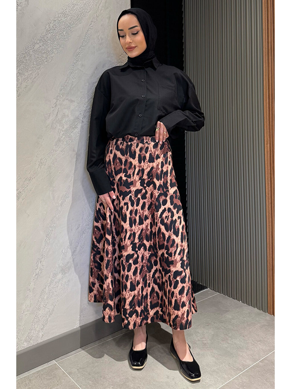 Kahverengi Leopar Desen Scuba Kiloş Tesettür Etek-1
